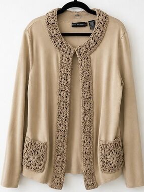 Dana Buchman Tan Crochet-Trim Open Front Cardigan